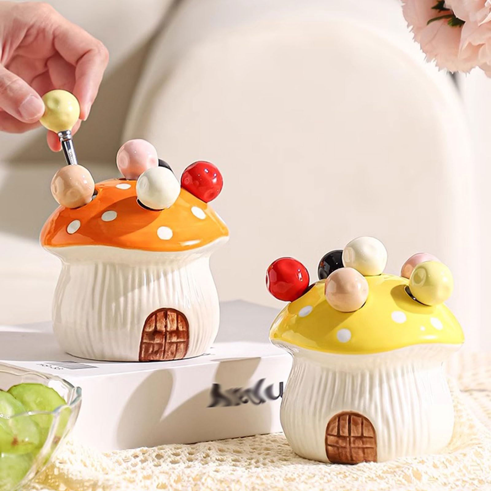 Set de 6 Fourchettes à Dessert en Acier Inoxydable avec Porte-Couverts Champignon, Fourchettes pour Gâteaux et Fruits, Accessoire Décoratif pour Cuisine et Maison