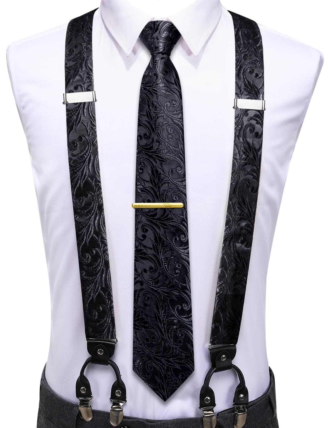 Hi-Tie Men's Suspenders and Tie Set Adjustable Y Braces and Pocket Square Set Strong 6 Clips for Tuxedo Wedding Prom,Black Floral