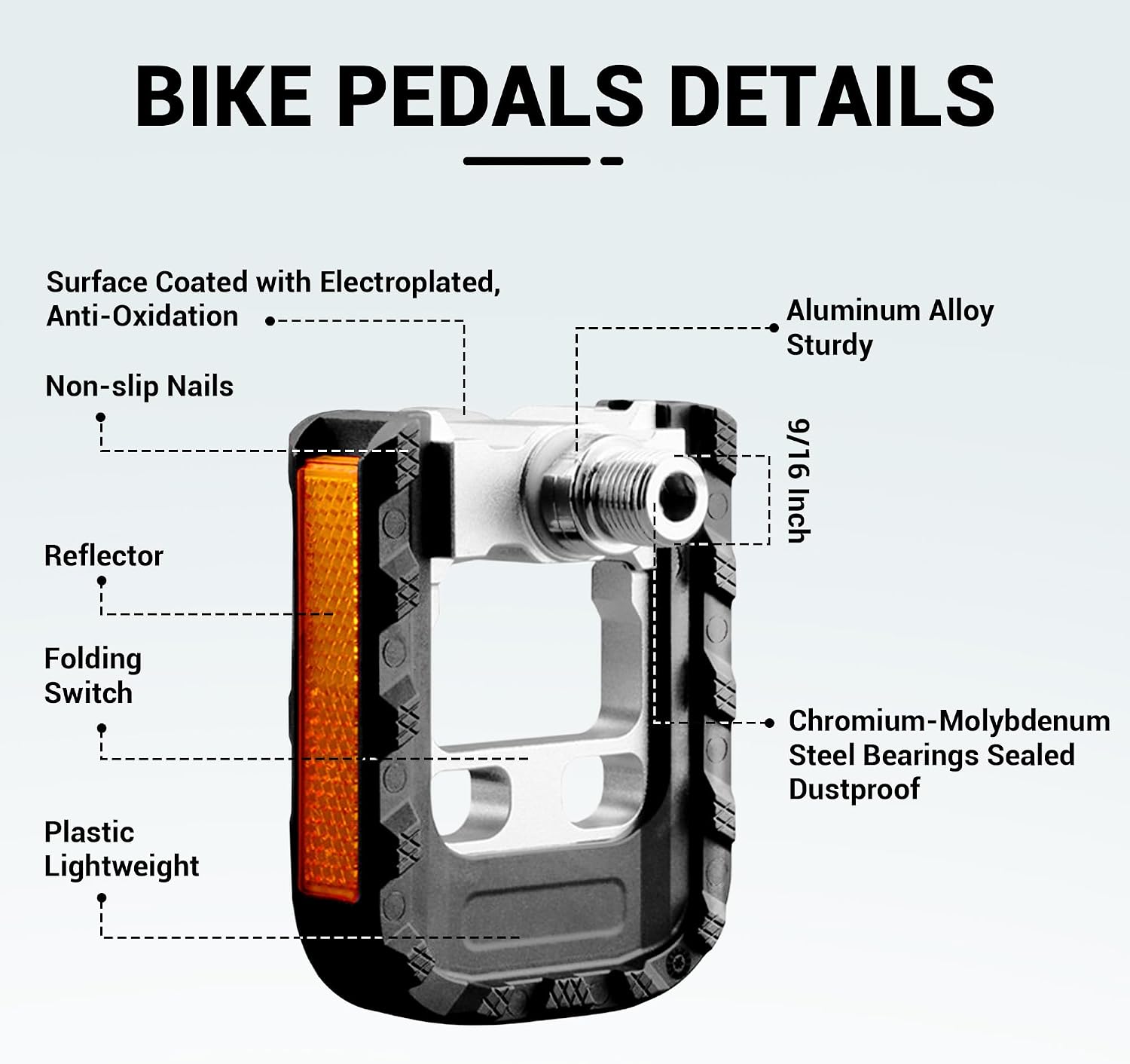 Himiway Folding Bike Pedals with Reflective Strips, Aluminum Alloy Bicycle Foldable Pedals, 9/16 inch Non-Slip Wide Platform Cycling Pedals for Folding, BMX, MTB, Road Bike