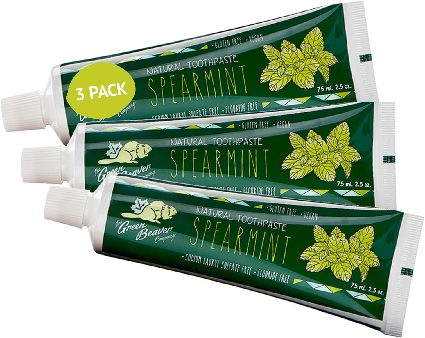 The Green Beaver Company All Natural Organic Toothpaste, Vegan, Fluoride Free & Gluten Free Toothpaste, Spearmint Flavor, 75ml, 3 Pack