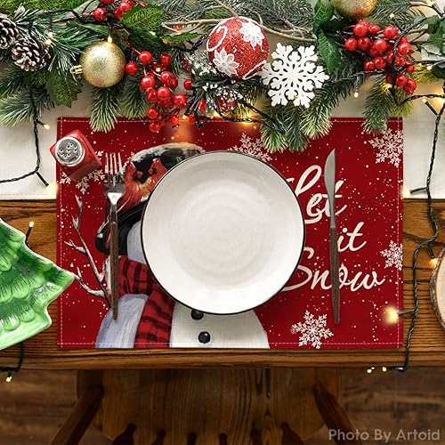 Miniatura 2 de Artoid Mode Juego de 6 manteles individuales de invierno con diseño de muñeco de nieve rojo Let It Snow de 12 x 18 pulgadas para decoración de