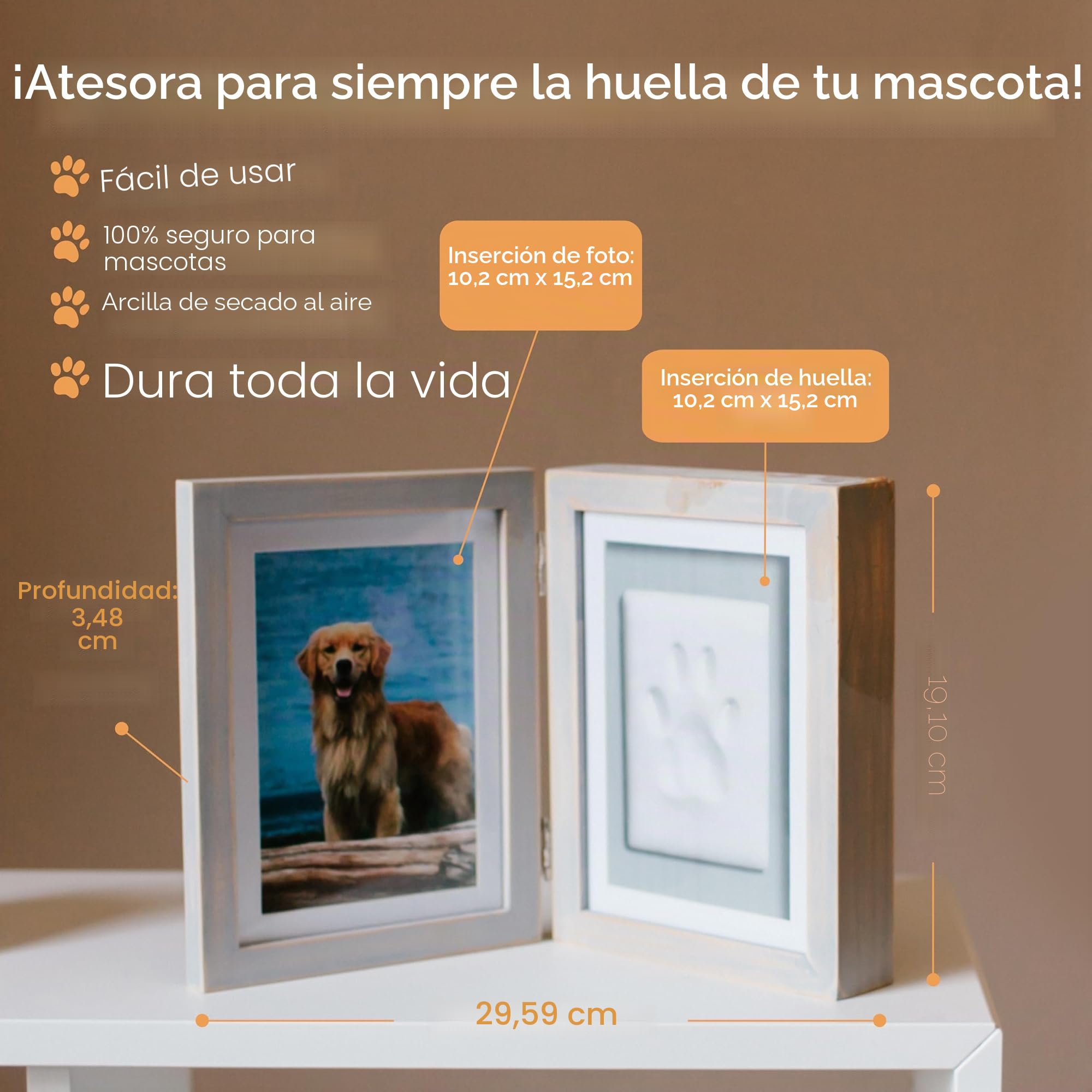 Pearhead Marco de Fotos de Huellas de Mascotas con Kit de impresión de Arcilla, Marco de Fotos de Madera, Recuerdo de Huellas de Huellas de Huellas de Bricolaje, Gatos y Perros, Regalo