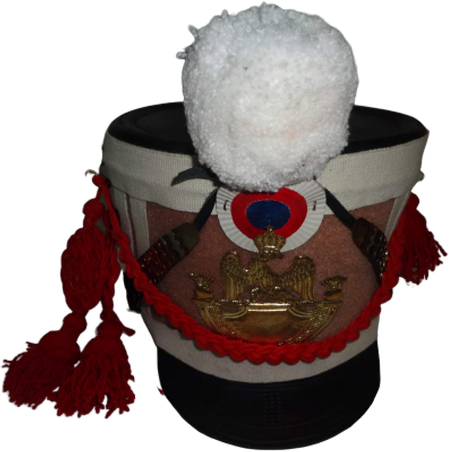 warreplica French Napoleonic Shako Helmet w/Natural Felt, white Pompom, Red Braid - Repro