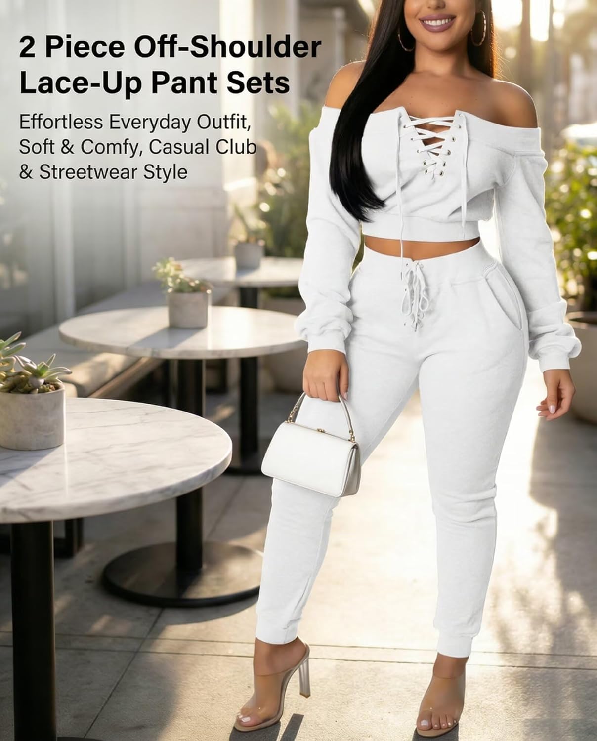 acelyn Sexy 2 Piece Outfits for Women Off Shoulder Lace Up Long Sleeve Crop Top Pants Sets Tracksuit Casual Sweatsuit