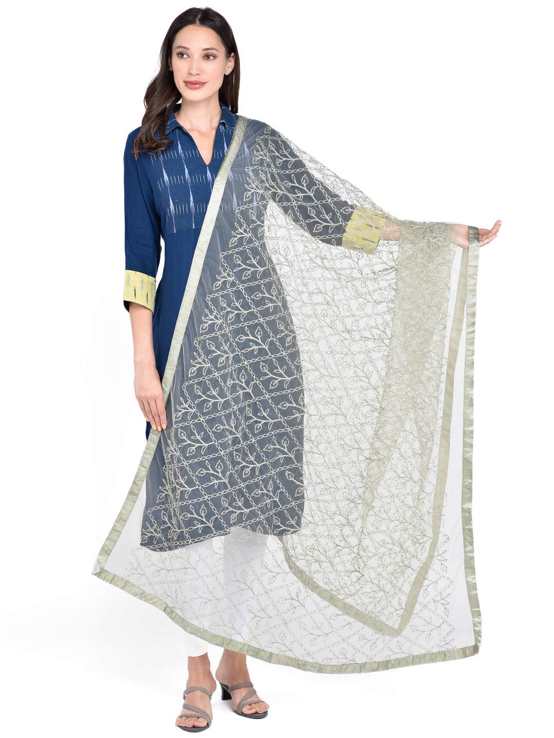 Women's Olive Green Embellished Net Dupatta-image-42