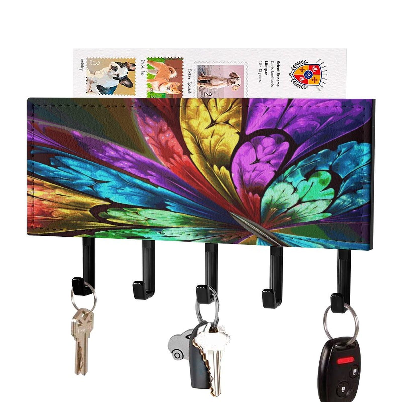 FekiLoot Rainbow Butterfly Key Holder for Wall Decorative Mail Organizer with 5 Key Hook Self Adhesive Key Rack with Tray Coat Rack Wall Mount Key Hanger Decor for Entryway Door