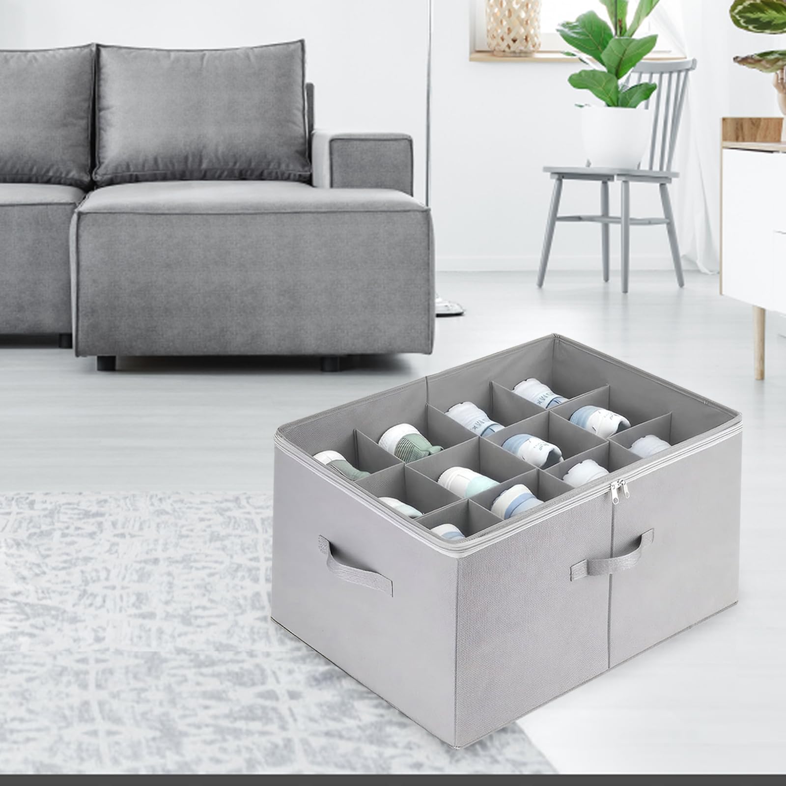 Aufbewahrungsbox für Schuhe, Schuh Aufbewahrungssysteme mit 12 Fächern, Schuhorganizer für Closet, mit Tragegriff, Geeignet für Stiefel, Hohe Absätze, Flache Schuhe, etc., Grau