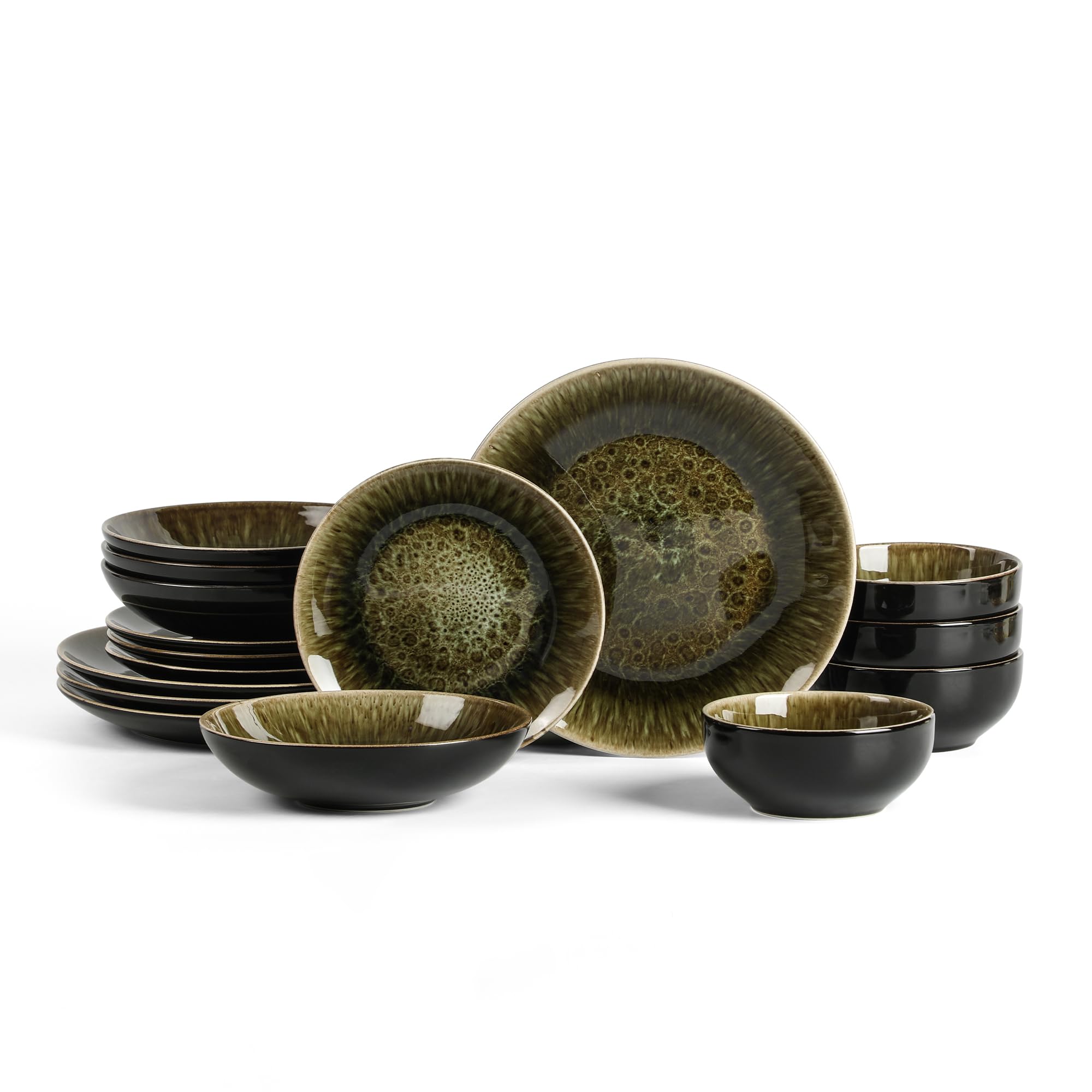 Stone Lain Riley 16-Piece Dinnerware Set Stoneware, Plates and Bowls Set, Dishwasher and Microwave Safe, Dish Set for 4, Black and Green