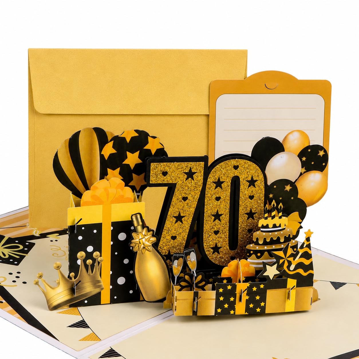 70th Birthday Card for Men Women, Black Gold 3D Pop Up Bday Greeting Card