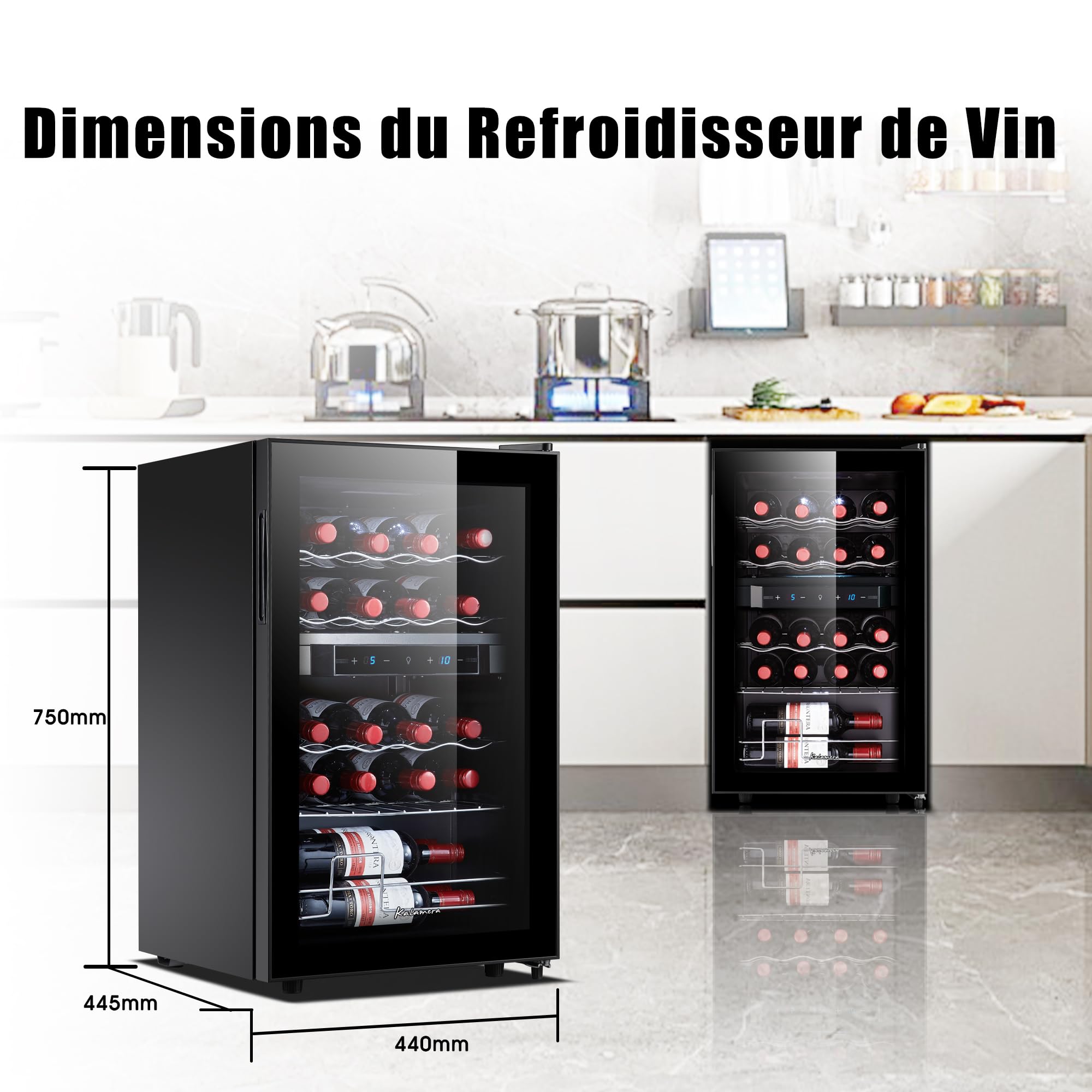 Kalamera Frigorifero per vino 2 zone, pannello di controllo a sfioramento, porta in vetro nero, maniglia a scomparsa, frigorifero per bottiglie 20 litri, zona di raffreddamento 5-18°C, KRC-68BFG