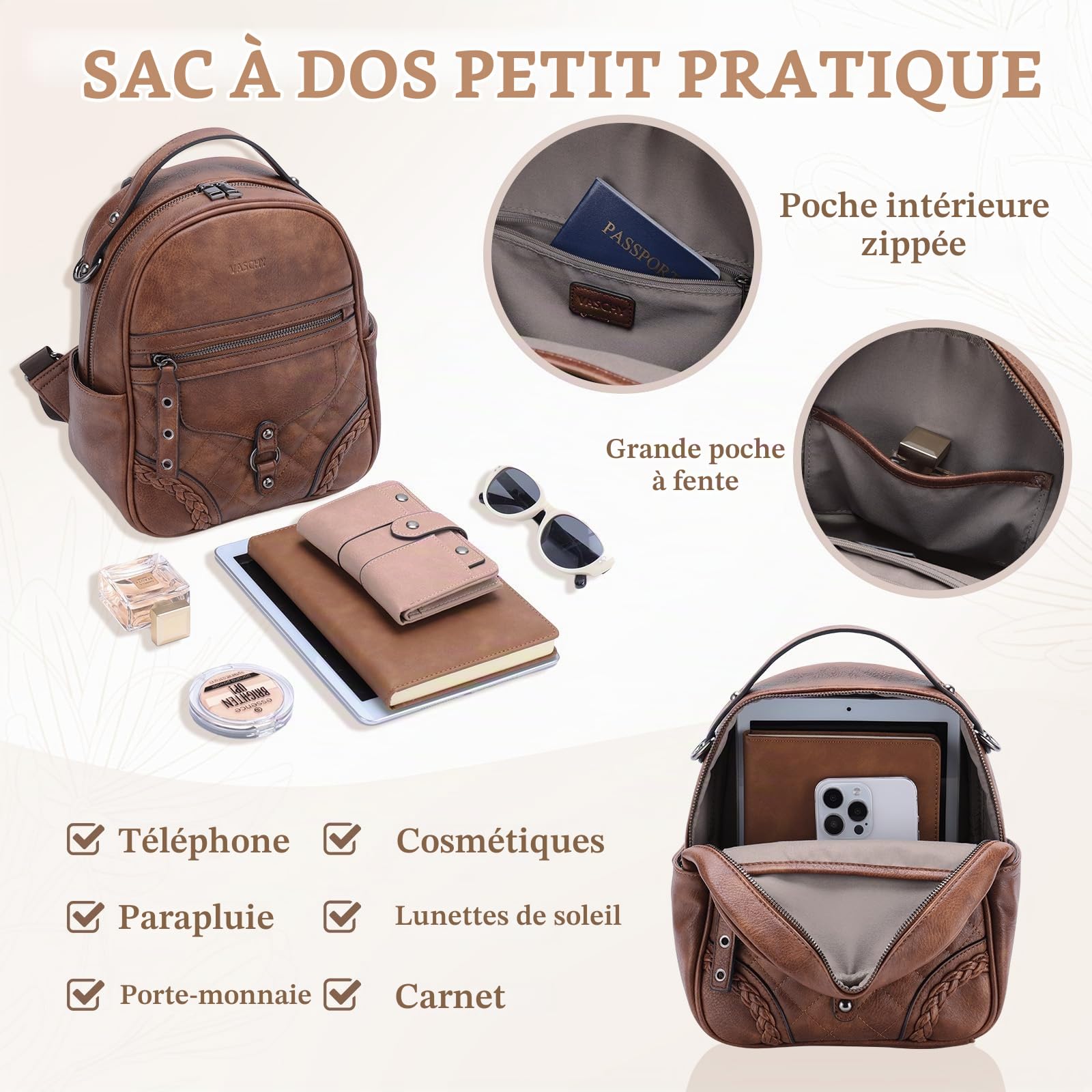 VASCHY Petit Sac à Dos Femme Rétro, Sac à Bandoulière Amovible en Cuir Végétal - Élégant Mini Sac pour Quotidien et Voyage Marron