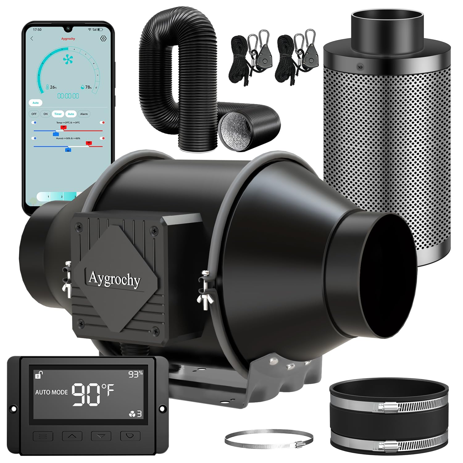 Aygrochy Wifi App Extractor de aire kit 100mm, Ventilador en línea Kit para cultivo, con filtro de carbón y manguera de extracción para carpas de cultivo, tienda de cultivo hidropónico
