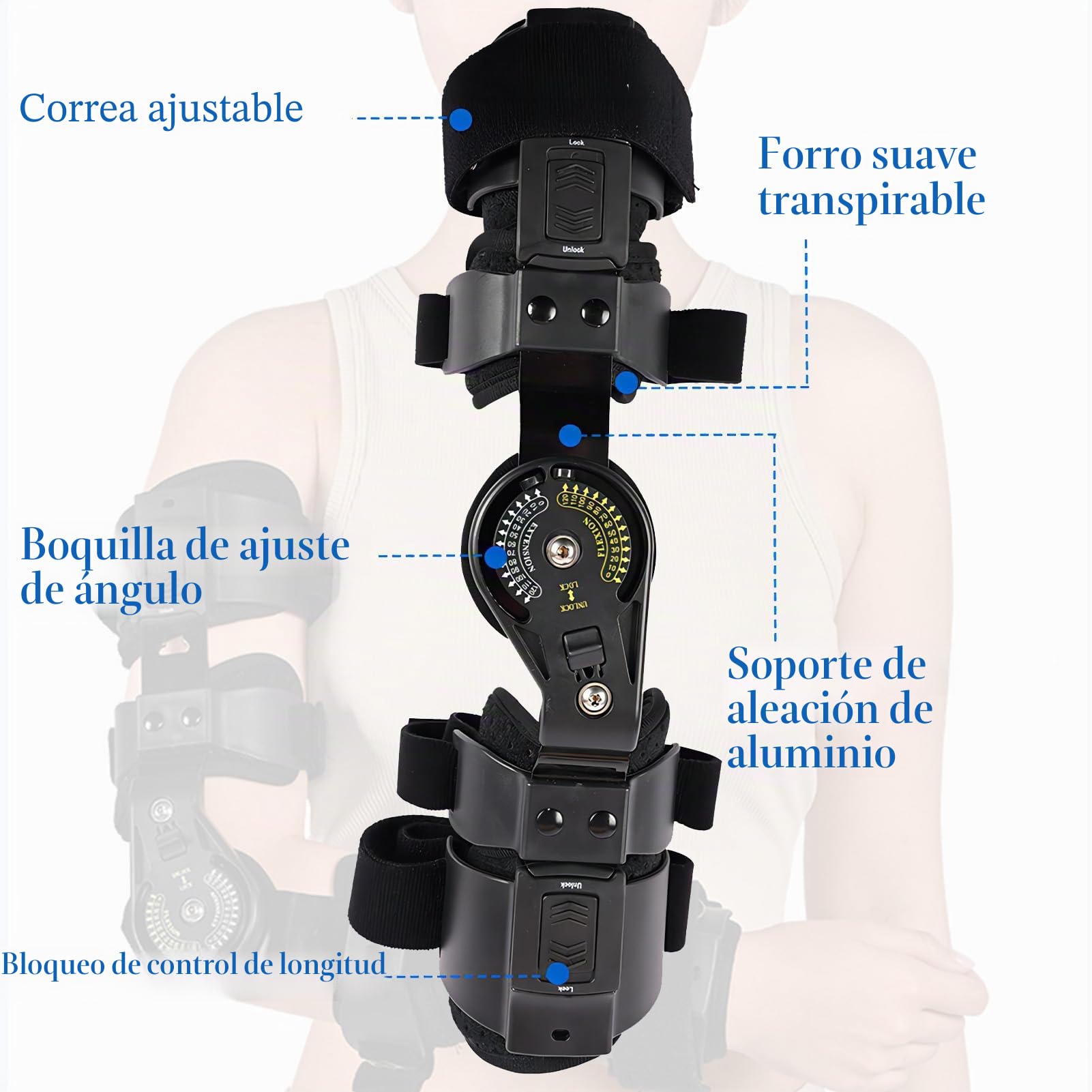 Órtesis de Codo Postoperatoria con Bisagra, Ángulo y Longitud Ajustables, Soporte para Codo con Correa para Hombro para Recuperación Postquirúrgica y Rehabilitación de Lesiones,Left