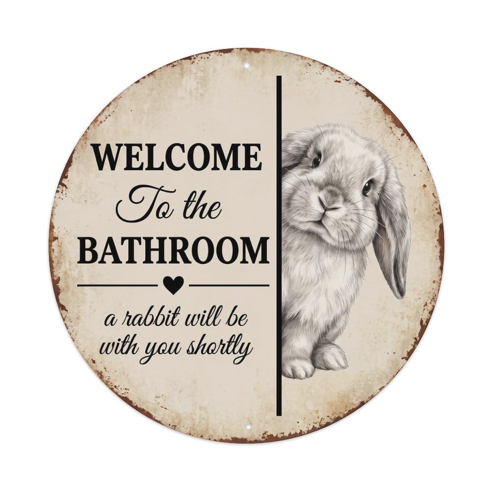 Vintage WELCOME To The BATHROOM Fluffy Rabbit Metal Tin Sign