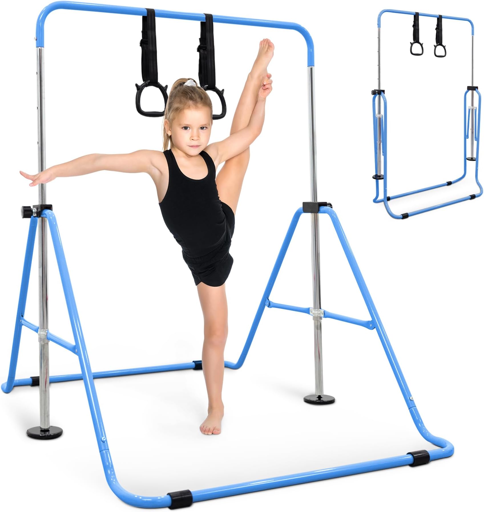 KAYMAN Gymnastics Horizontal Bar for Kids with Rings & Hand Protection Wrap – Adjustable Height 89/99/109/119/129cm, Heavy-Duty Steel Gym Equipment for Home Gymnastics, Strength & Flexibility Training