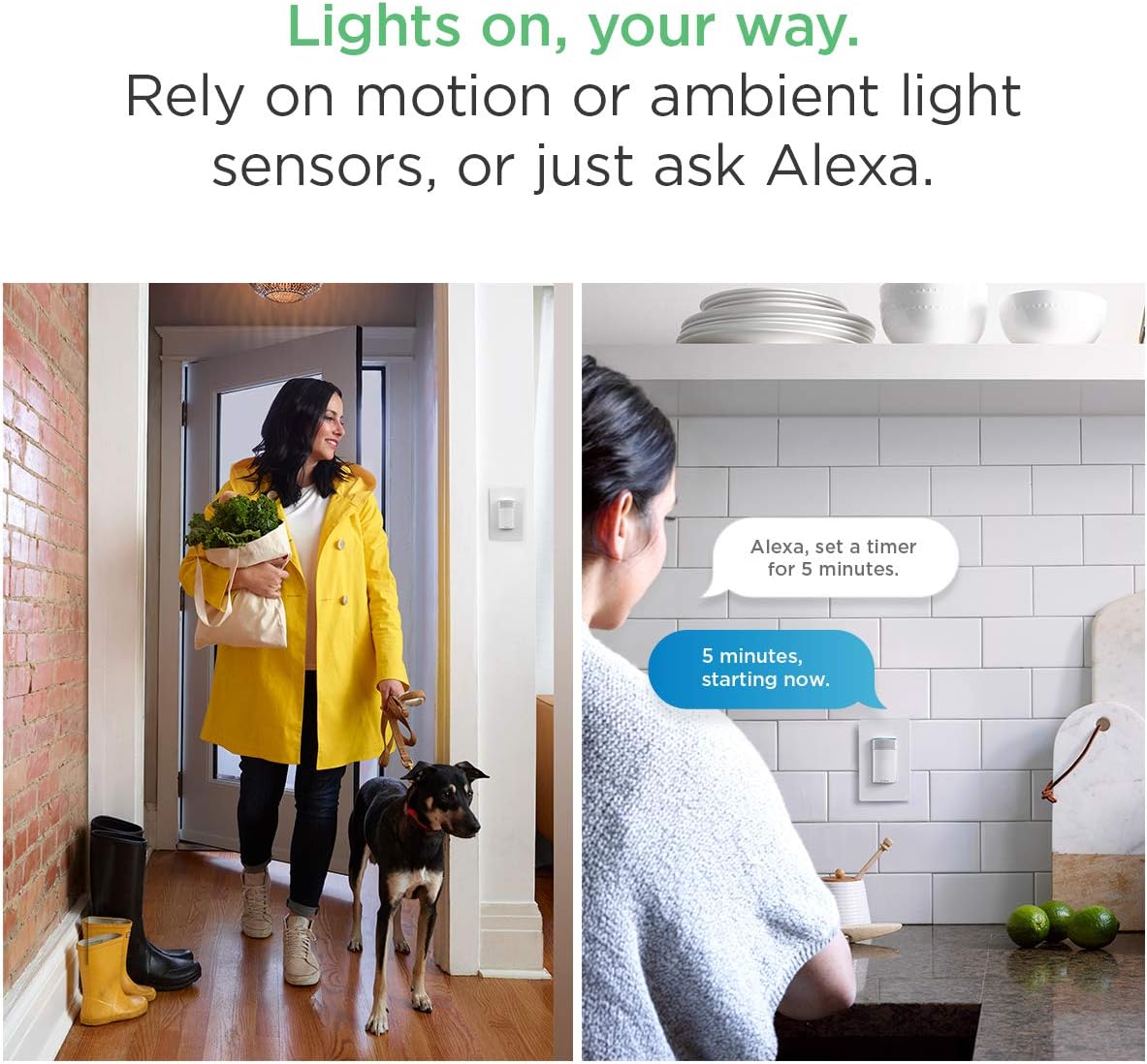 Woman entering a home with lights turning on automatically, and a kitchen scene with Alexa setting a timer.