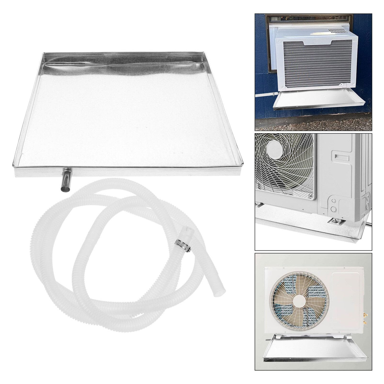 Jojofuny Vaschetta Raccolta Acqua Condizionatore in Acciaio Inox 15.75"X15.75"X1.38" Con Tubo Scarico E Clip Universale Per Unità Esterne Casa Protezione Anti Perdite