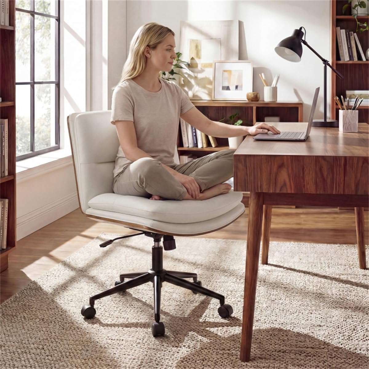 Armless Office Chair Ergonomic Backrest for Superior Back Comfort Height Adjustable Rocking Home Office Desk Chair Wide Faux Leather Upholstered Computer Chair 360° Wheels for Bedroom Study White