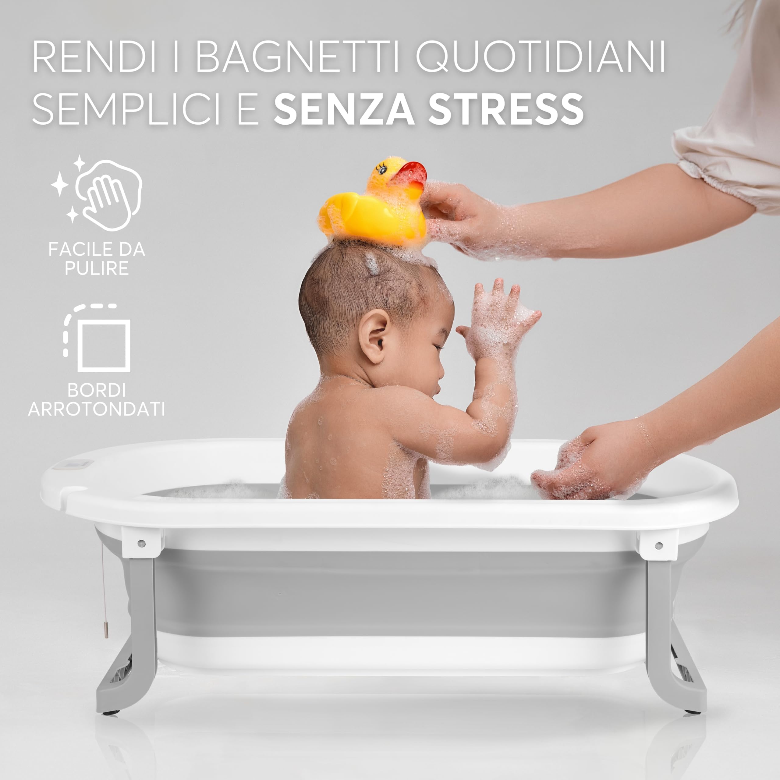 KikkaBoo Vaschetta Bagnetto Neonato Pieghevole WILLY, Salvaspazio con Termometro Integrato, Cuscino Morbido di Supporto, Gambe Antiscivolo, 0-36 Mesi, Regalo Nascita Bambino, Grigio