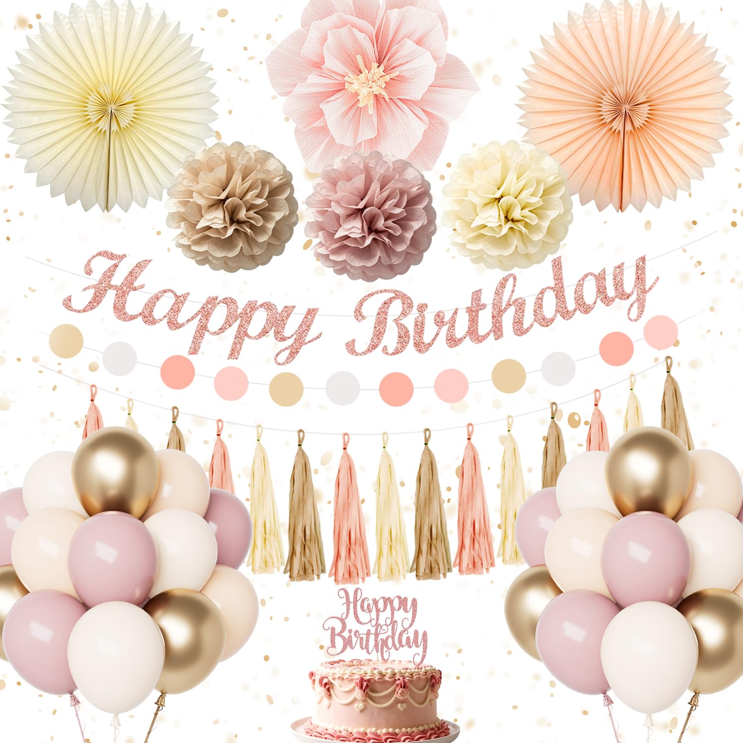 Pink Birthday Decorations for Women Girls, Pink Gold Balloons Party Decorations with Happy Birthday Banner, Pom-Poms, Latex Balloons, Cake Topper, Happy Birthday Party Decor for Children and Adults