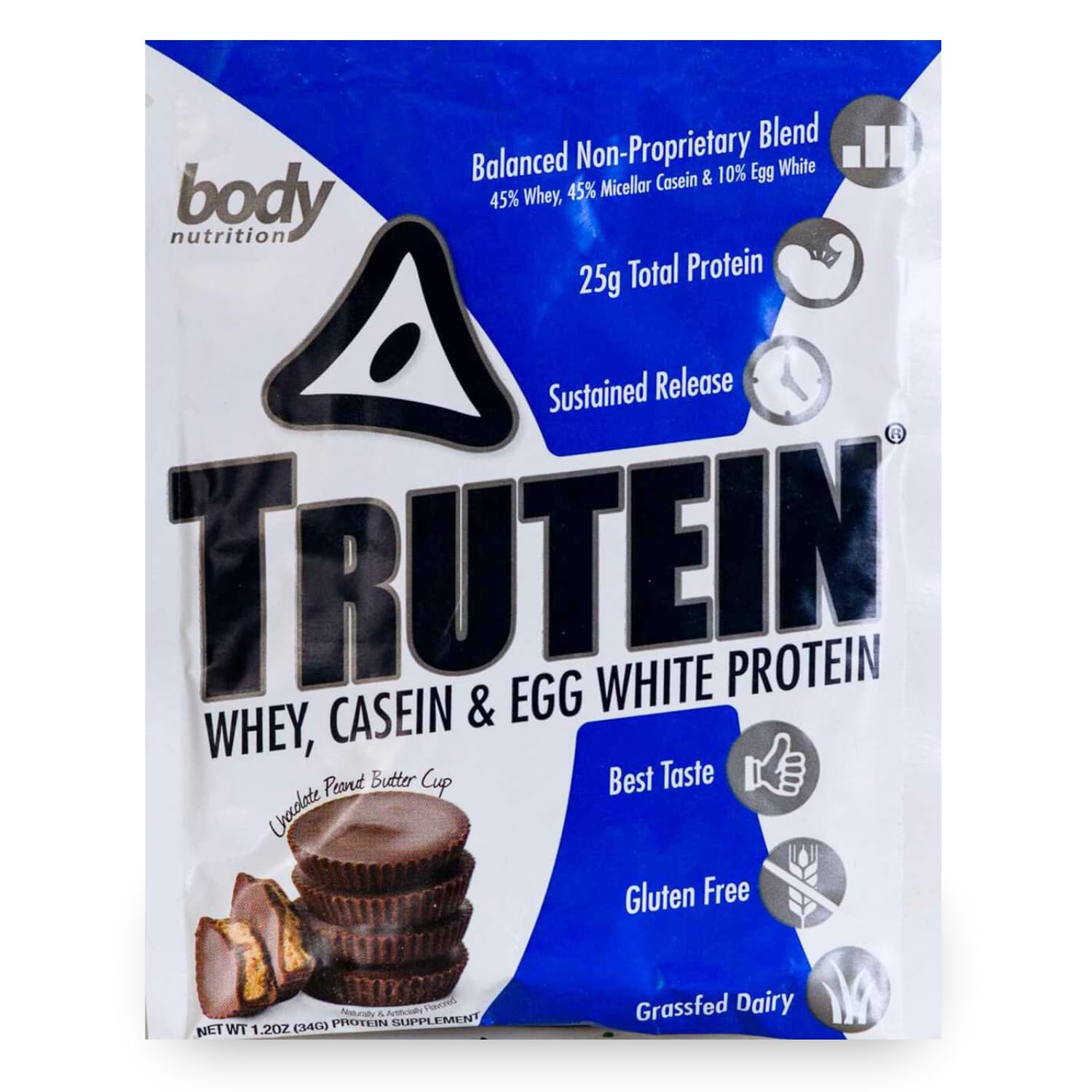Body NutritionTrutein High Protein Powder: 45% Whey, 45% Casein, 10% Egg White, Gluten-Free, Low Sodium, Grass Fed Whey Protein, Gym Supplement & Breakfast Shake, Chocolate Peanut Butter, 34g Sample