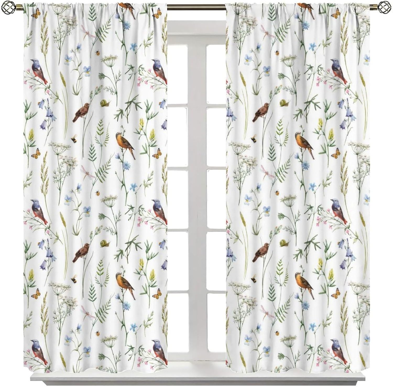 Boho Rustic Curtains,Colorful Watercolor Flowers Herbs and Birds Butterflies Prints Blackout Window Treatments Drapes for Bedroom Living Room,2-Panel Set & Rod Pocket84x84in