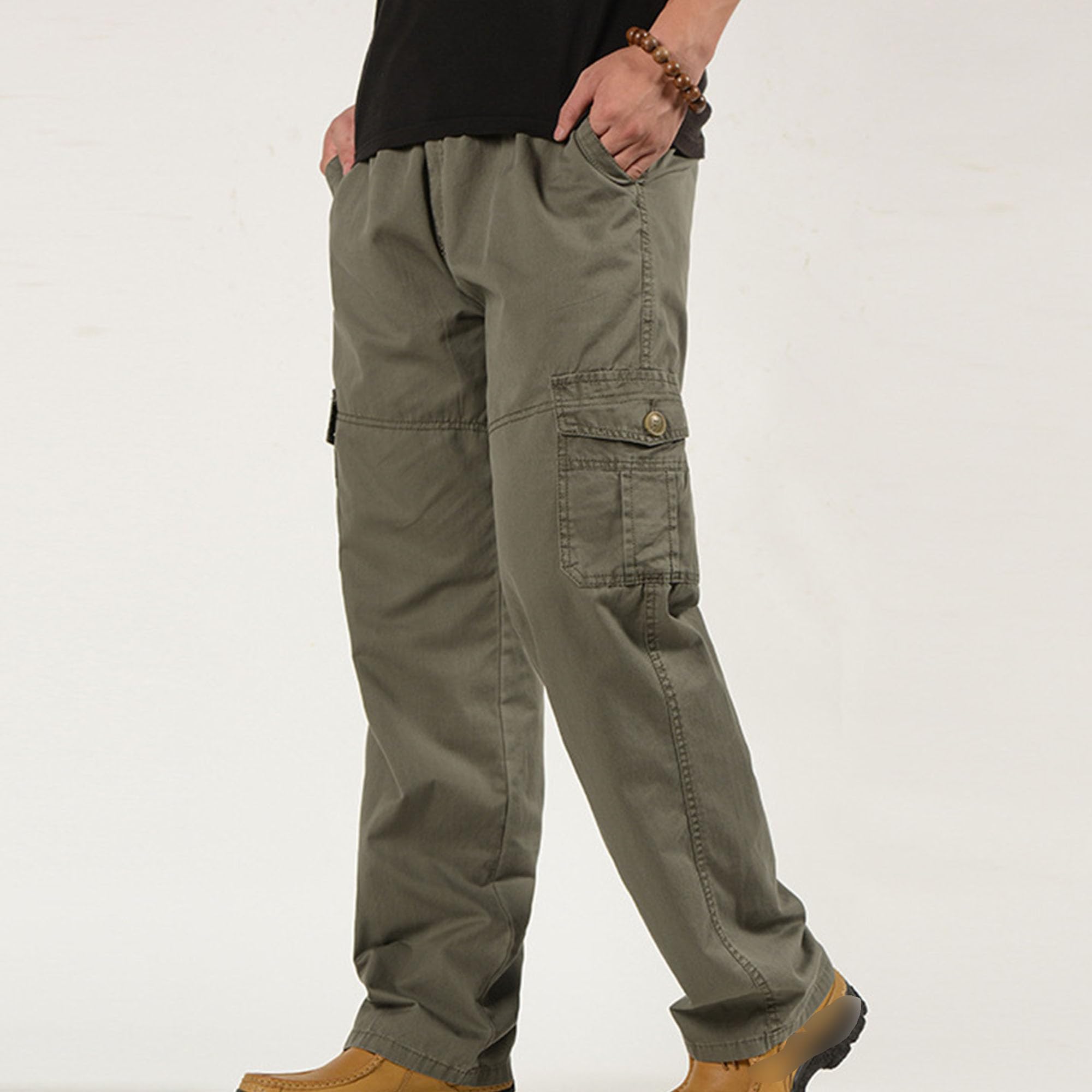 JEKE-DG Men's Elastic Waist Casual Cargo Pants Lightweight Work Trousers Relaxed Fit Workwear Pants with Pocket (Medium,Pitch Green)