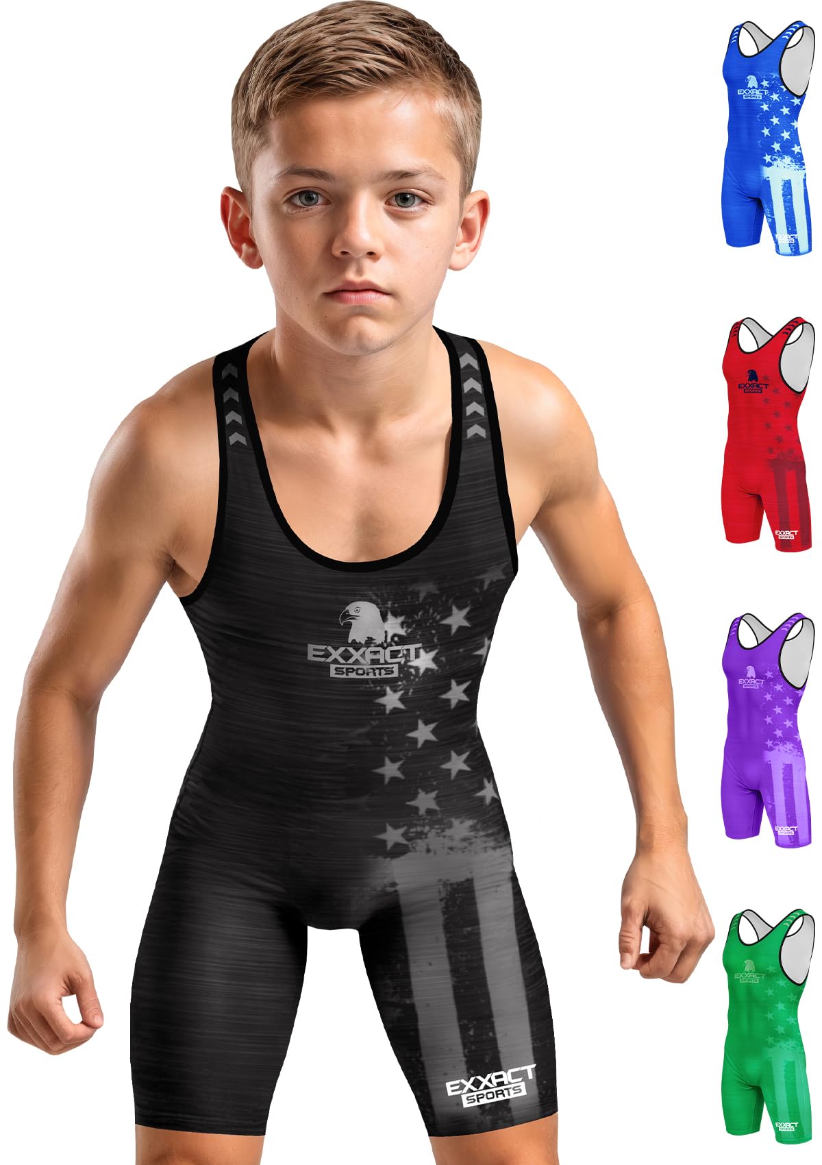 Exxact Sports Patriot Youth Wrestling Singlet For Boys, Premium Powerlifting Singlet, Kids Wrestling Singlets For Training (YL, Black)