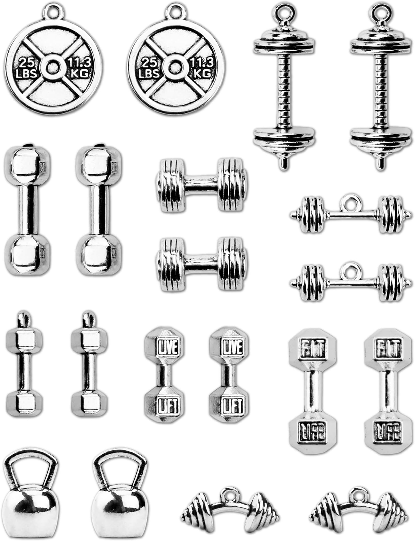 JIALEEY Sports Charms Collection Mixed Kettle Bell Dumbbell Barbell Weight Charms Sport Charm for DIY Fitness Necklace Jewelry Making 20pcs(100g)