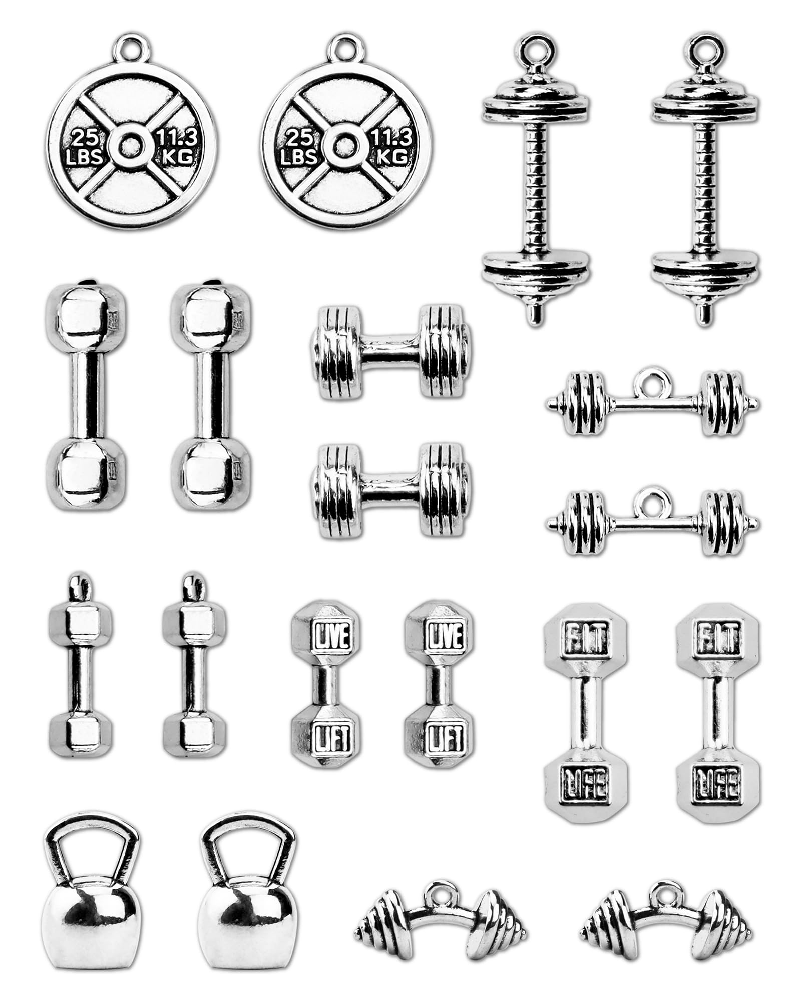 JIALEEY Sports Charms Collection Mixed Kettle Bell Dumbbell Barbell Weight Charms Sport Charm for DIY Fitness Necklace Jewelry Making 20pcs(100g)