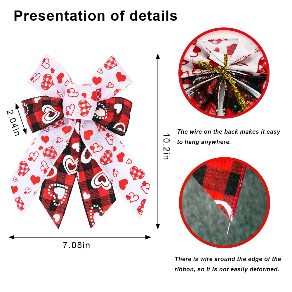 Hying 4 PCS Valentine's Day Bows for Wreath, Valentines Heart Wreath Bow Black Red Buffalo Plaid Bows White Burlap Gift Bows for Front Door Wall Christmas Valentines Wedding Party Decorations