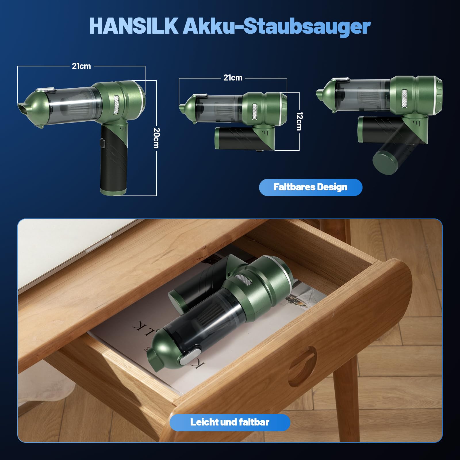 HANSILK Handstaubsauger Akku Kabellos 4 in 1 25000PA Mini Staubsauger Faltbarer Auto Staubsauger Stark mit 3 Gang 220000 Umin Bürstenlosem Motor für Auto Küche Sofa Büro Tierhaare Hausreinigung