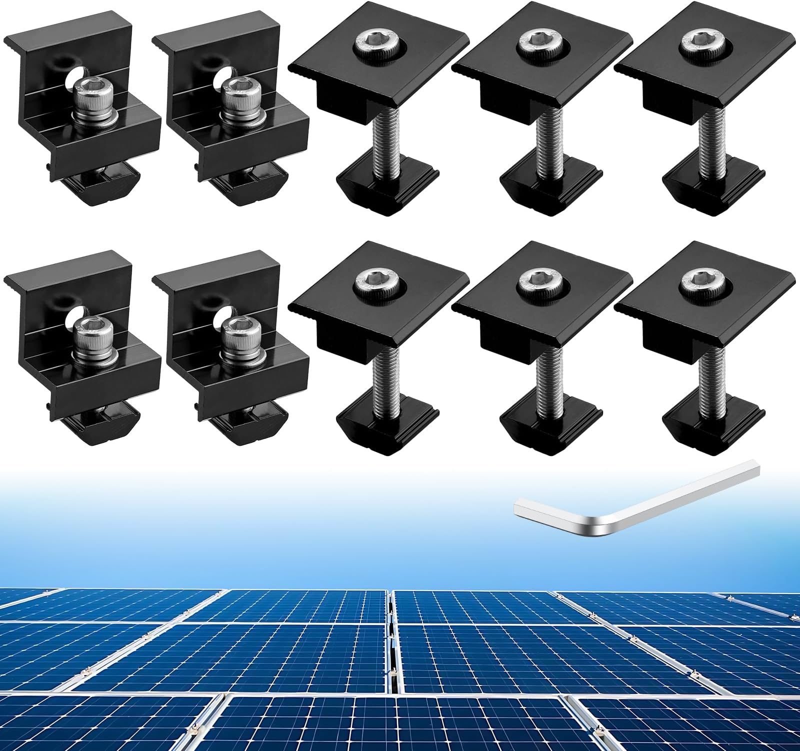 10 PCS Solar Panels Brackets 30mm/35mm, Aluminium 6 x T-Shaped Mid Clamps + 4 x End Clamps, Solar Panel Mounting Brackets for Metal, Tin, Flat, Sheet Roofs, RV, Black