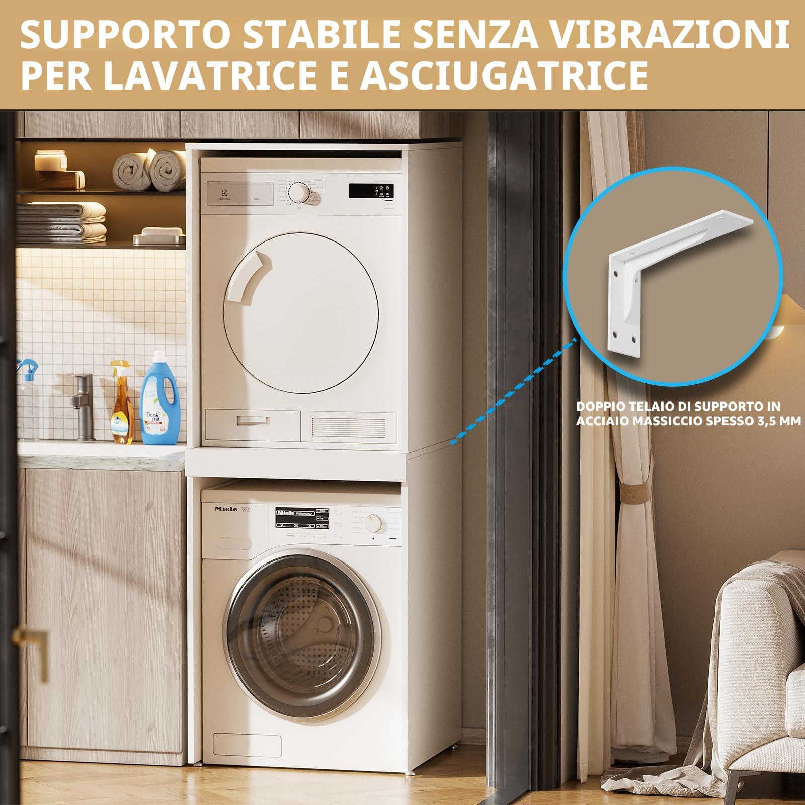 Lavatrice e Asciugatrice,Kit Impilabile per Lavatrice e Asciugatrice con ripiano estraibile, Armadietto per lavatrice e asciugatrice,180 x 65 x 66 cm,portata 100 kg, fissato alla parete, due pacchetti