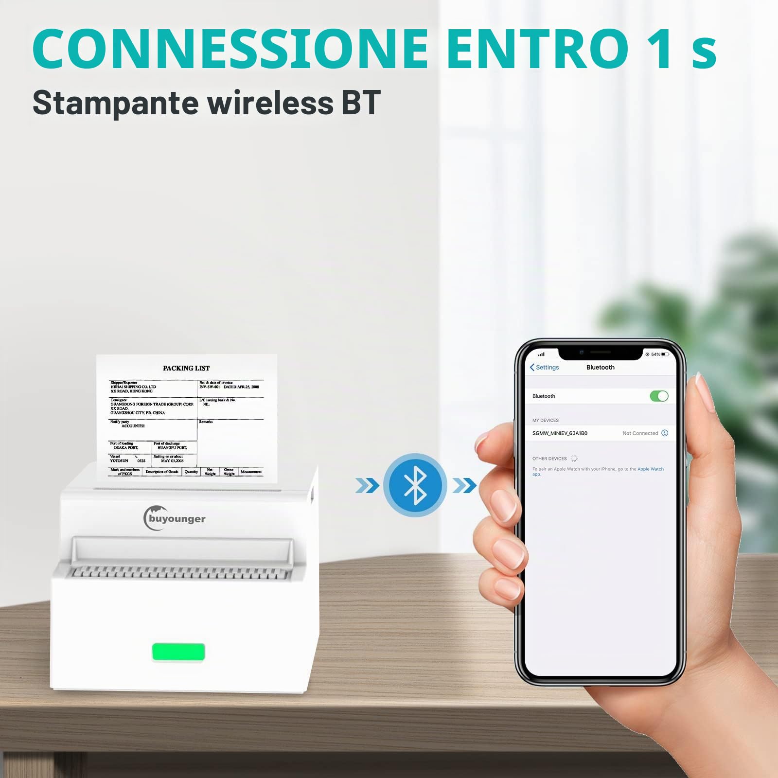 Buyounger Mini Stampante – Stampante Termica Portatile per Smartphone, Bluetooth Mini Stampante Fotografica e per Adesivi, Regalo Creativo per Studenti, Studio, Ufficio & Casa (Carta Termica Inclusa)