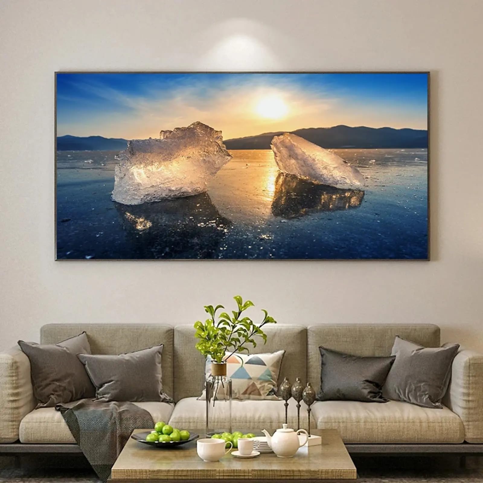 YUSUZHU Impresiones en lienzo de paisajes helados de Islandia, cuadros, pósteres transparentes con luz solar helada, arte mural, decoración de sala de estar, 60 x 120 cm con marco