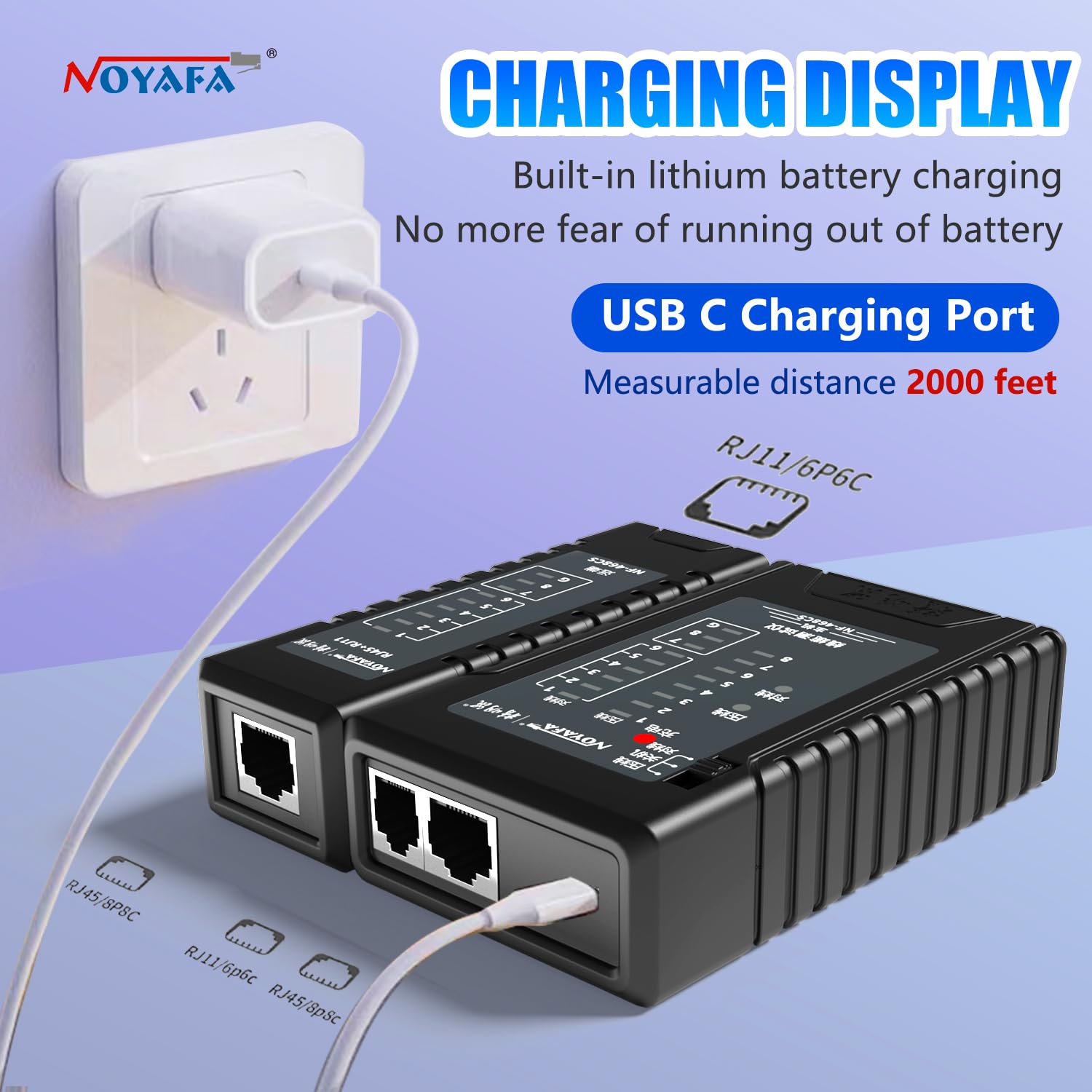 NOYAFA Testeur de câble réseau pour RJ45, RJ11, RJ12/Cat5, Cat5e, Cat6, Cat6a, Cat7, Phone Line Cat3, Ethernet, outil de test de câble LAN (noir)