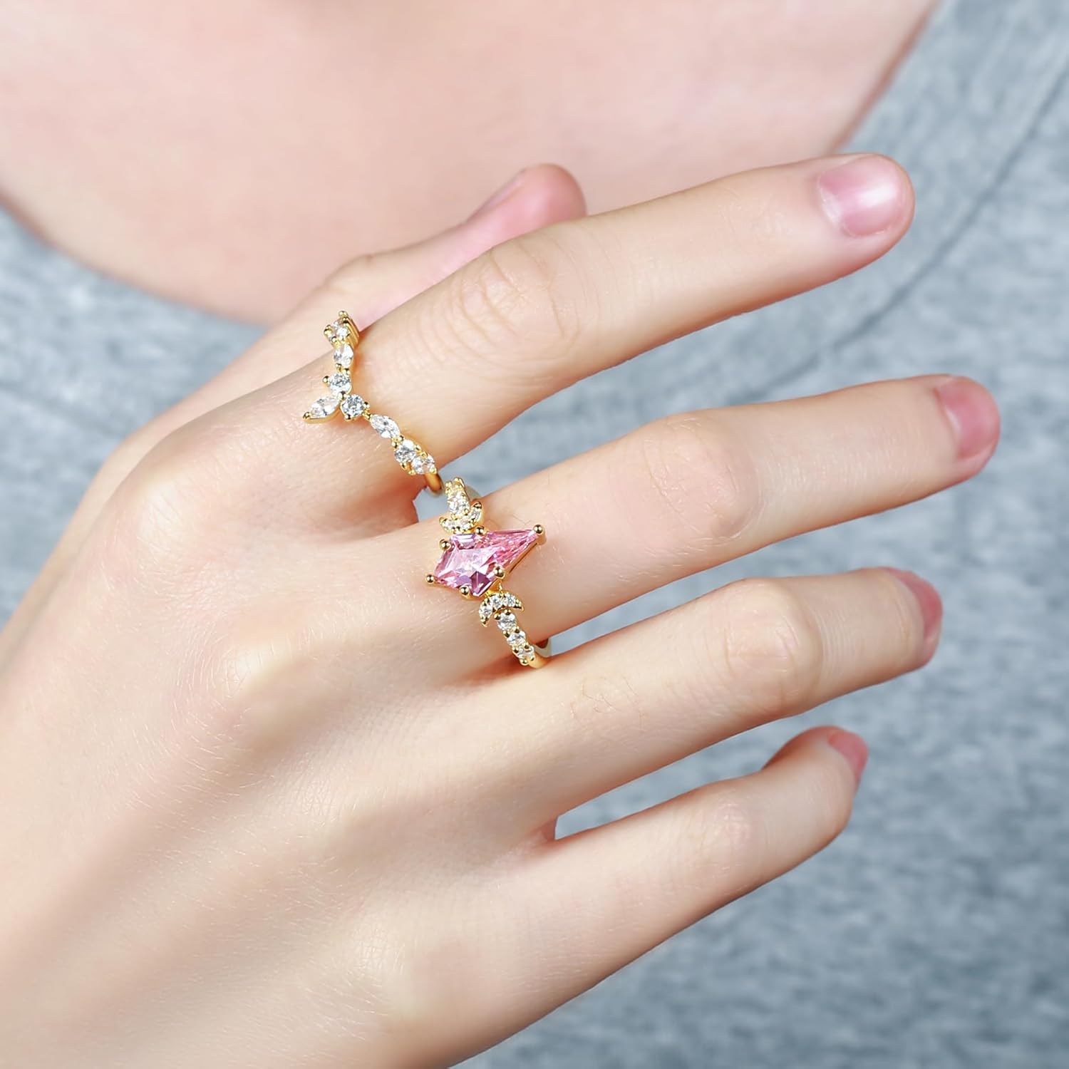 JIANGYUE Engagement Pink Rings Wedding Ring Set Kite Cut Ring