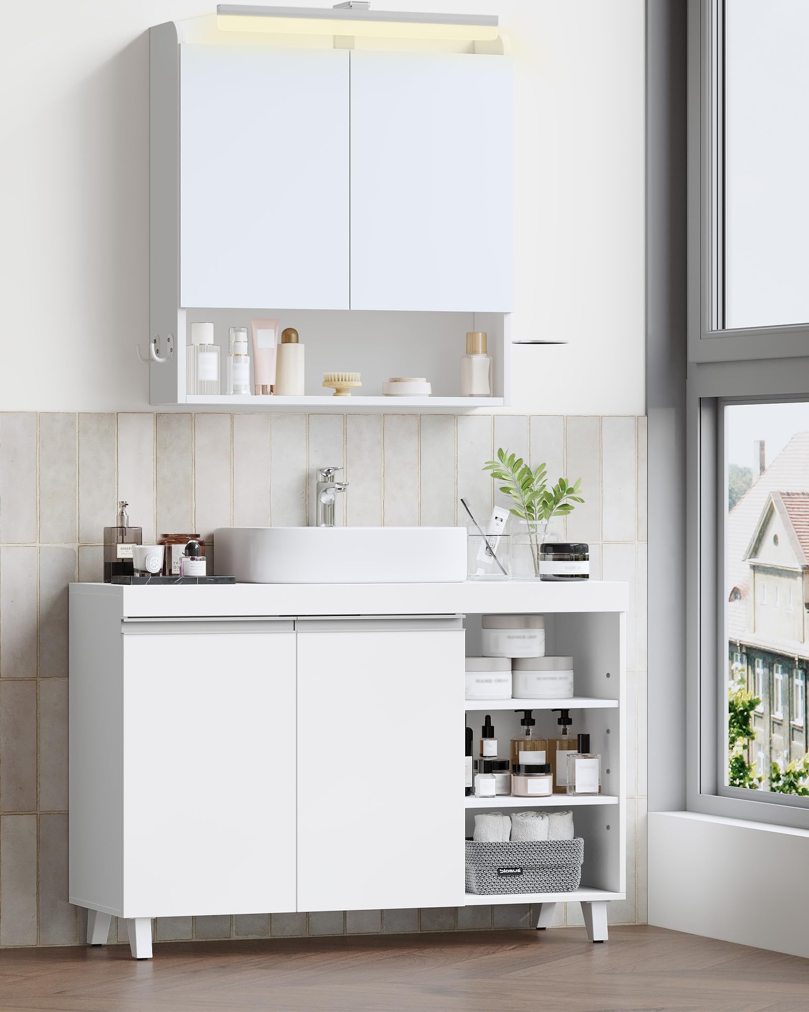 Hzuaneri Waschbeckenunterschrank, 30 x 90 x 64 cm, Badezimmerschrank mit 2 Türen und 3 offene Fächer, Unterschrank mit verstellbaren Ablagen, Freistehend Waschtischunterschrank, Weiß BC28903X