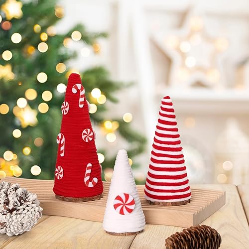 Miniatura 5 de 3 piezas de decoraciones navideñas rojas y blancas para decoración de mesa de Navidad, mini árboles de hilo, árboles de Navidad de caramelo,
