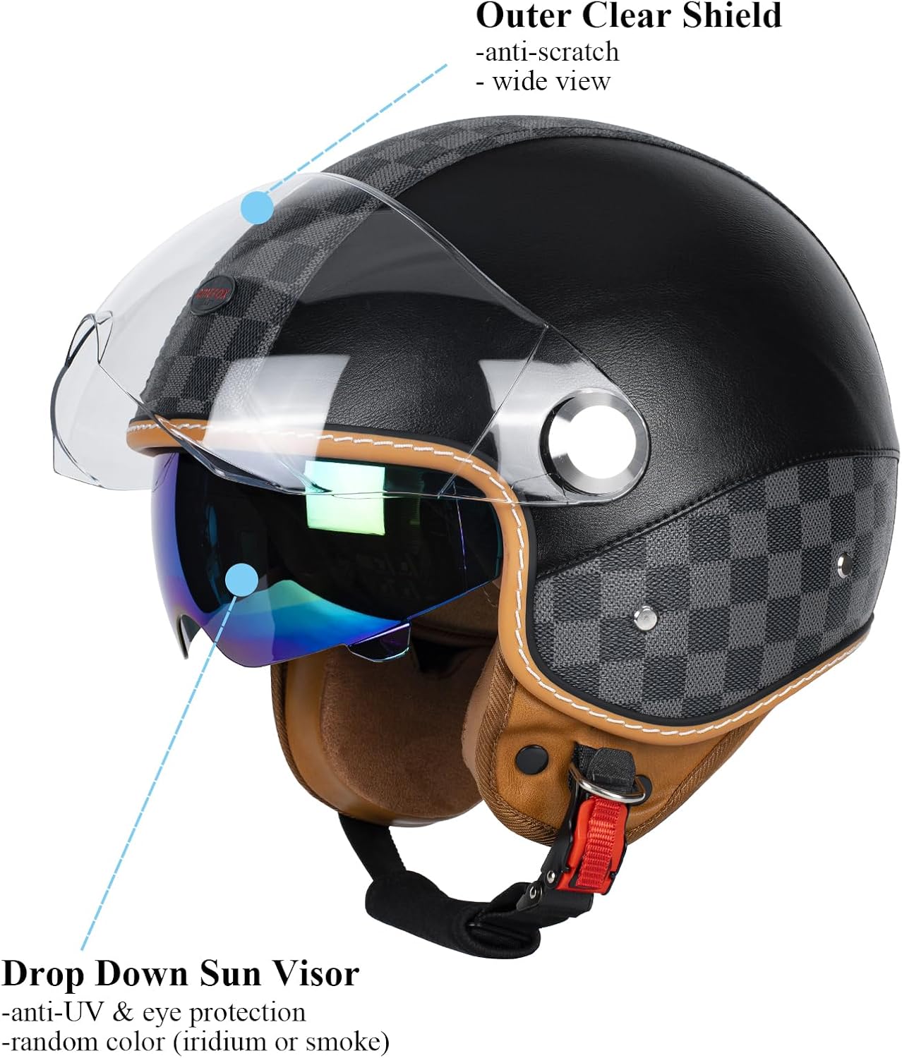 dual visor 3/4 open face motorcycle helmet for men & women, dot approved unisex retro half helmet?motorbike casco for moped cruiser bobber and chopper short outer shield-black small