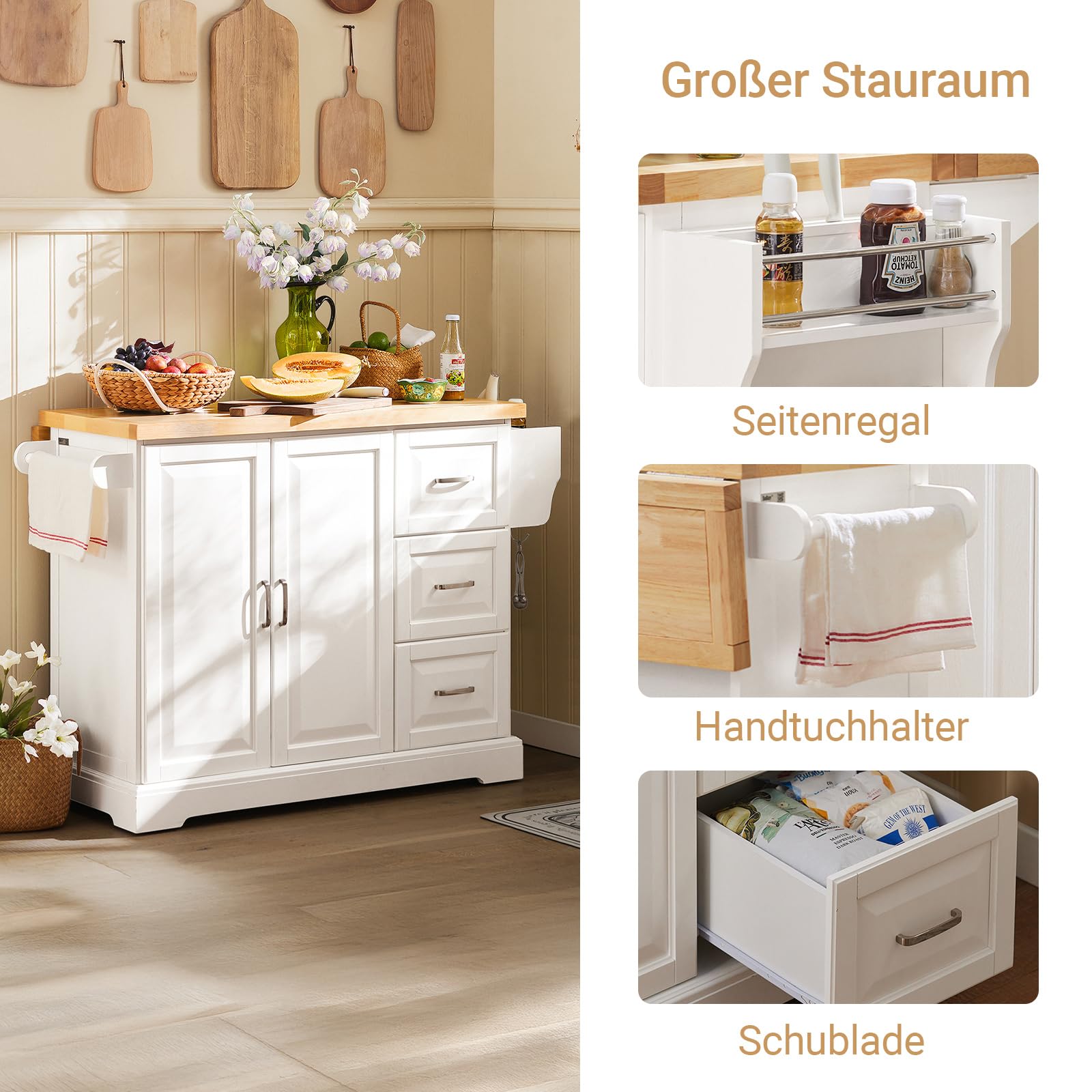 Kücheninsel Mit Stauraum – 3-stöckiger Küchenwagen, Industriestil, 90x55x91cm, Verstellbare Regale