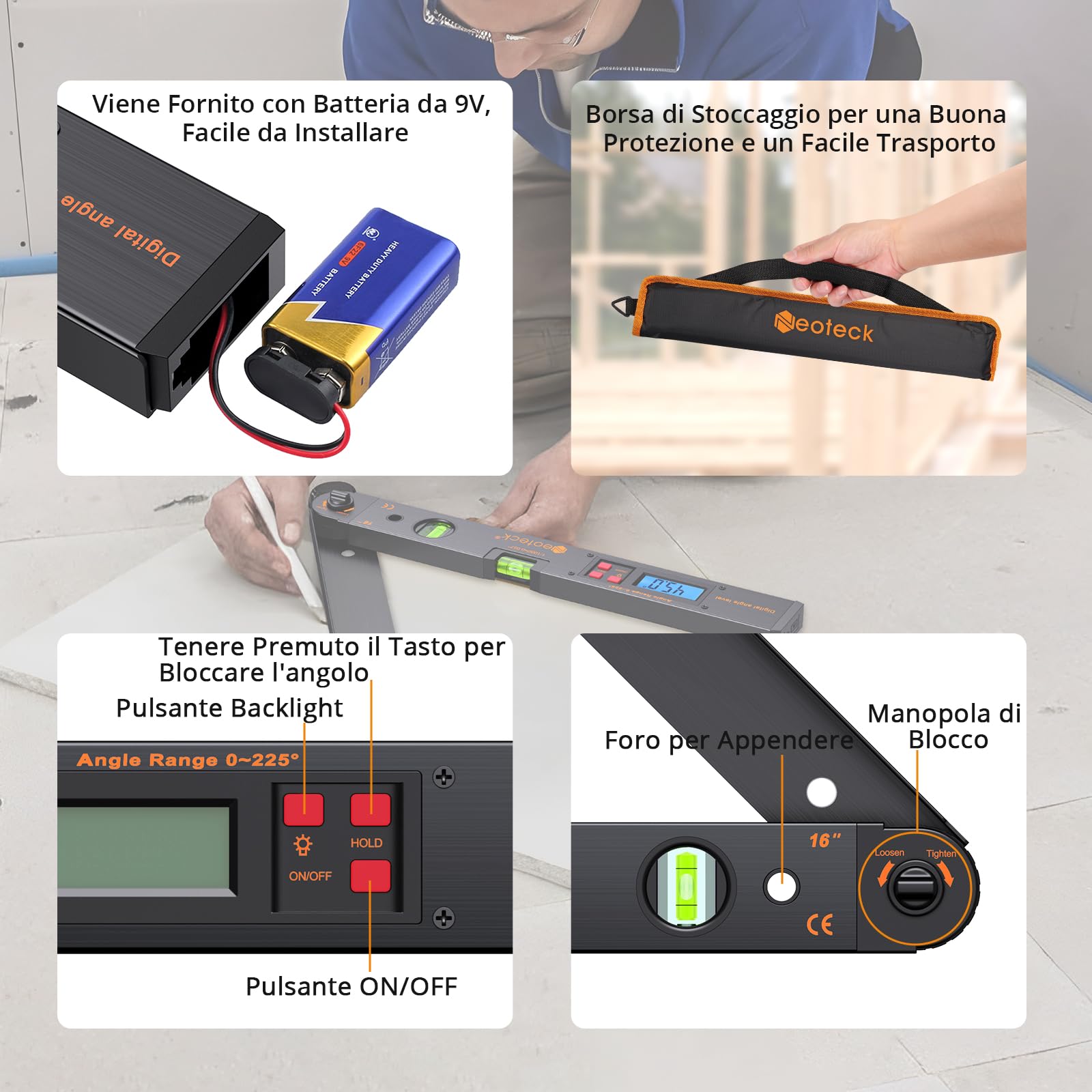 Neoteck 400mm Angle Finder Digitale 0~225° Inclinometro Digitale LCD Retroilluminato + Goniometro Inclinometro Digitale con Display a LED Angle Finder Digitale Ricaricabile Inclinometro Goniometro