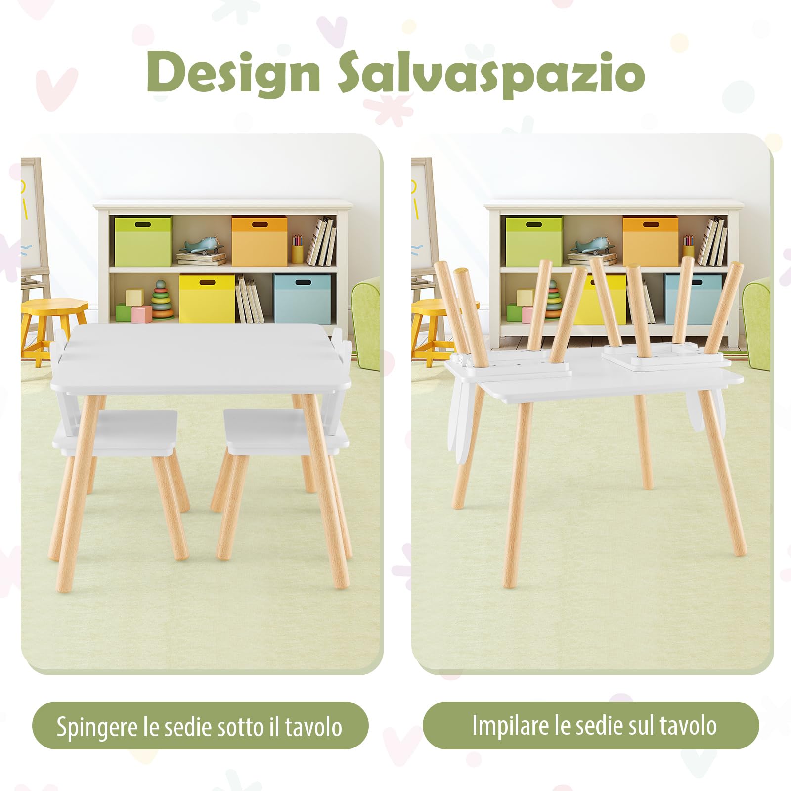 COSTWAY Set Tavolo e 2 Sedie per Bambini 3-6 Anni, Sedie Ergonomiche in Legno con Schienali a Forma di Orecchie di Coniglio, Portata 40kg, Salvaspazio, Ideale per Gioco e Disegno (Bianco)