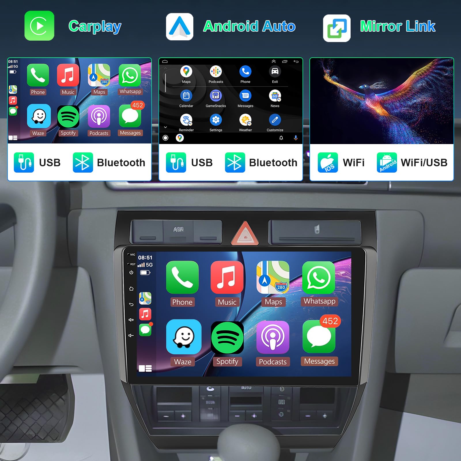 8 Core 4G+64G Autoradio für Audi A6 C5 1997-2004 S6 1999-2004 RS6 2002-2006,Hodozzy 9 Zoll IPS Touchscreen Navi mit Carplay Android Auto,2 DIN Radio Android Bluetooth DSP WiFi FM RDS Rückfahrkamera
