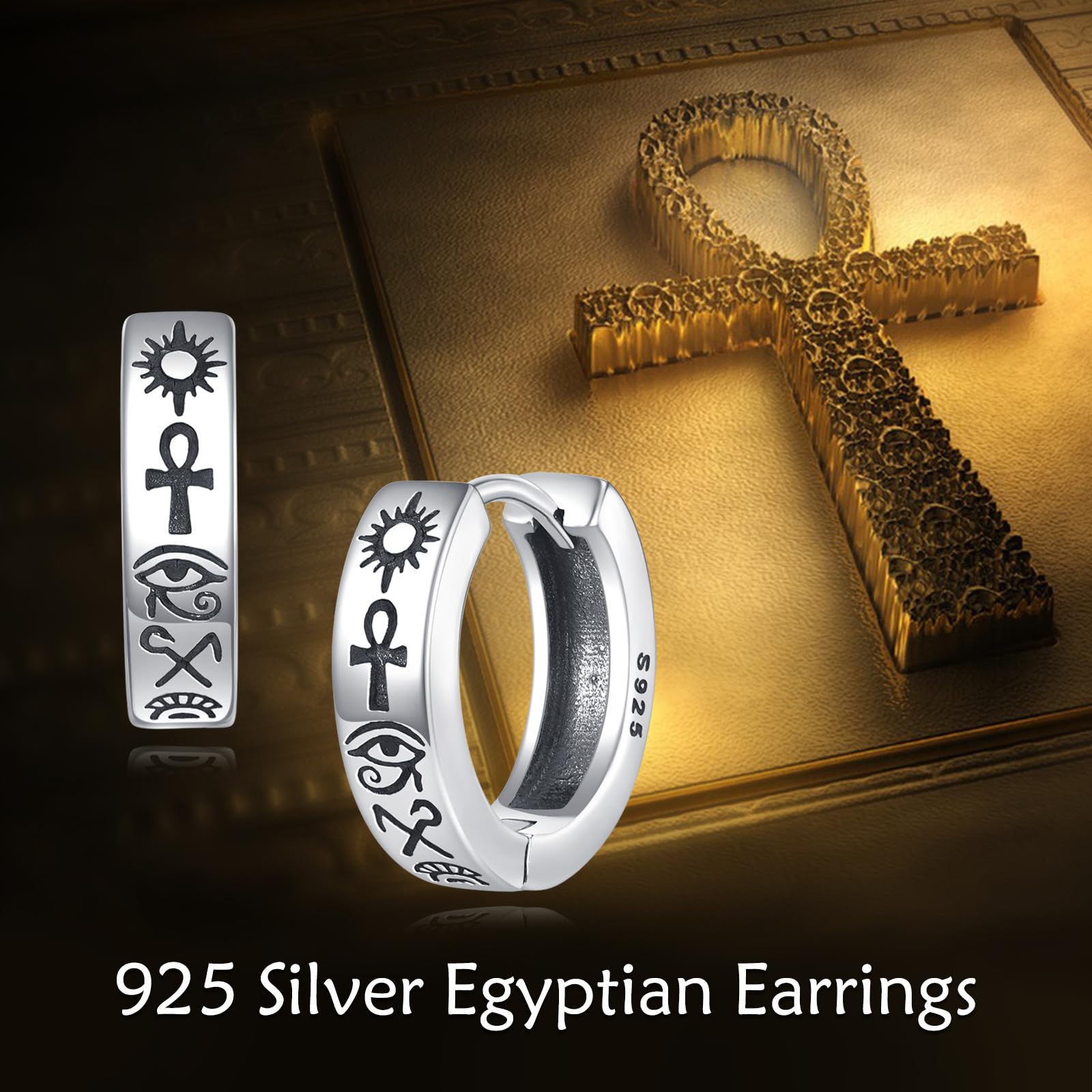 DAYLINLOVE Pendientes de aro egipcios de plata de ley 925 con diseño de ancla de turquesa, cruz, dragón, árbol de la vida, joyería vintage para hombres y mujeres, regalos de cumpleaños