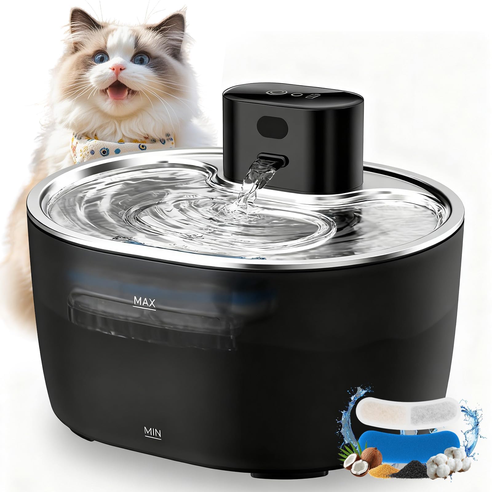 3.6LFuente para Gatos sin Cable,Fuente automática para Gatos | Bebedero Gato Acero Inoxidable- con Sensor de Movimiento 5000mAh Capacidad Batería - Funcionamiento Silencioso
