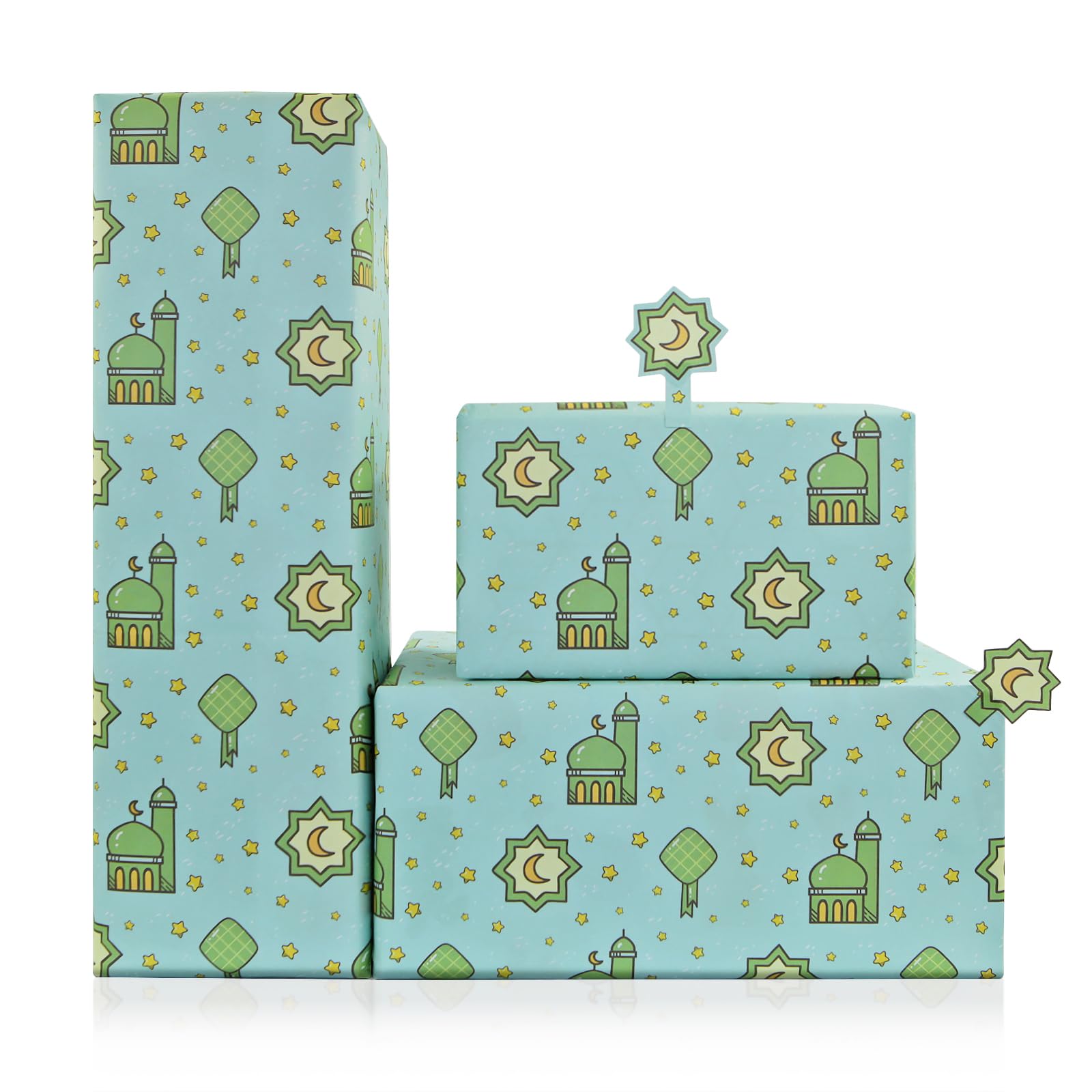 Eid Mubarak Wrapping Paper,4 Sheets Green Ramadan Gift Wrap Papers with Mosque Moon and Star Craft Paper for Islamic Theme Holiday Corban Festival Muslim Party Decoration,28x20 inches