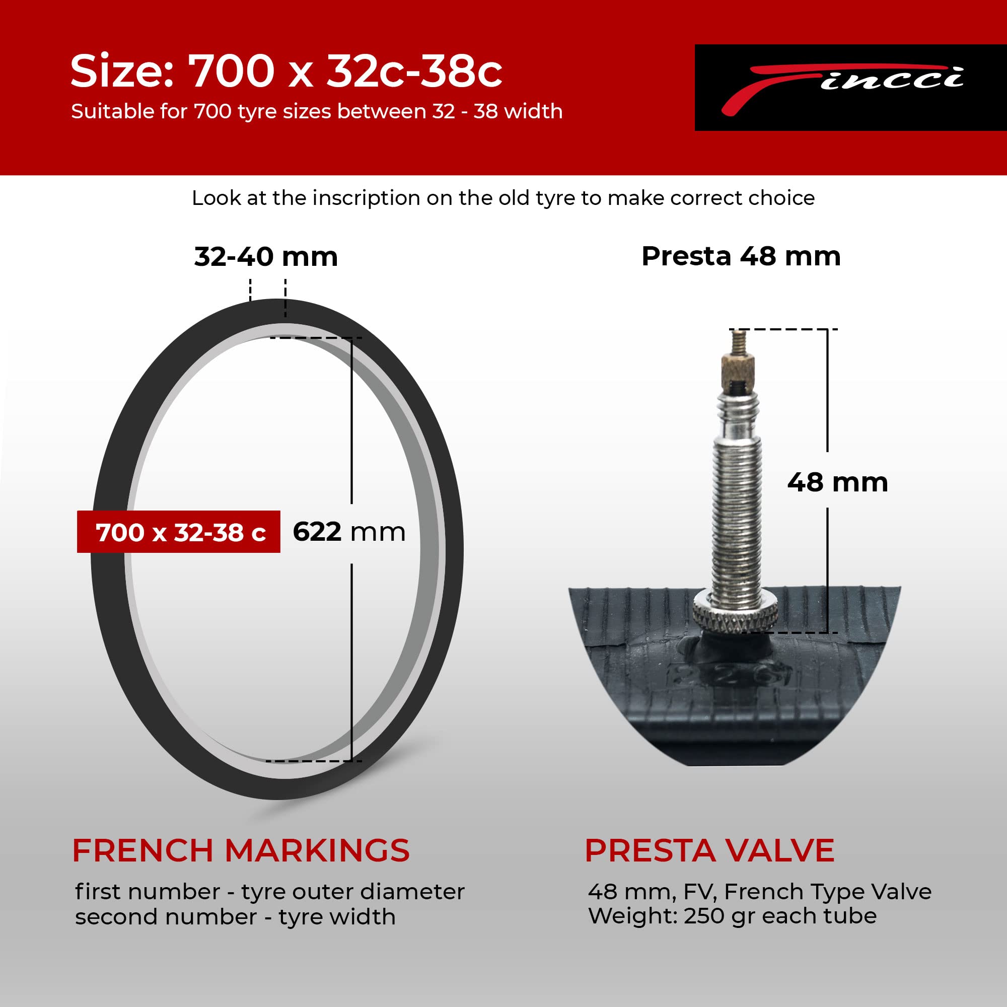 Fincci Camera d'Aria 700x32c 700x35c 700x38c – Valvola Presta 48mm per Bici da Corsa, Gravel e Ibrida – Tubo Interno in Gomma Butilica Resistente – Compatibile con Pneumatici 700c (28 Pollici)