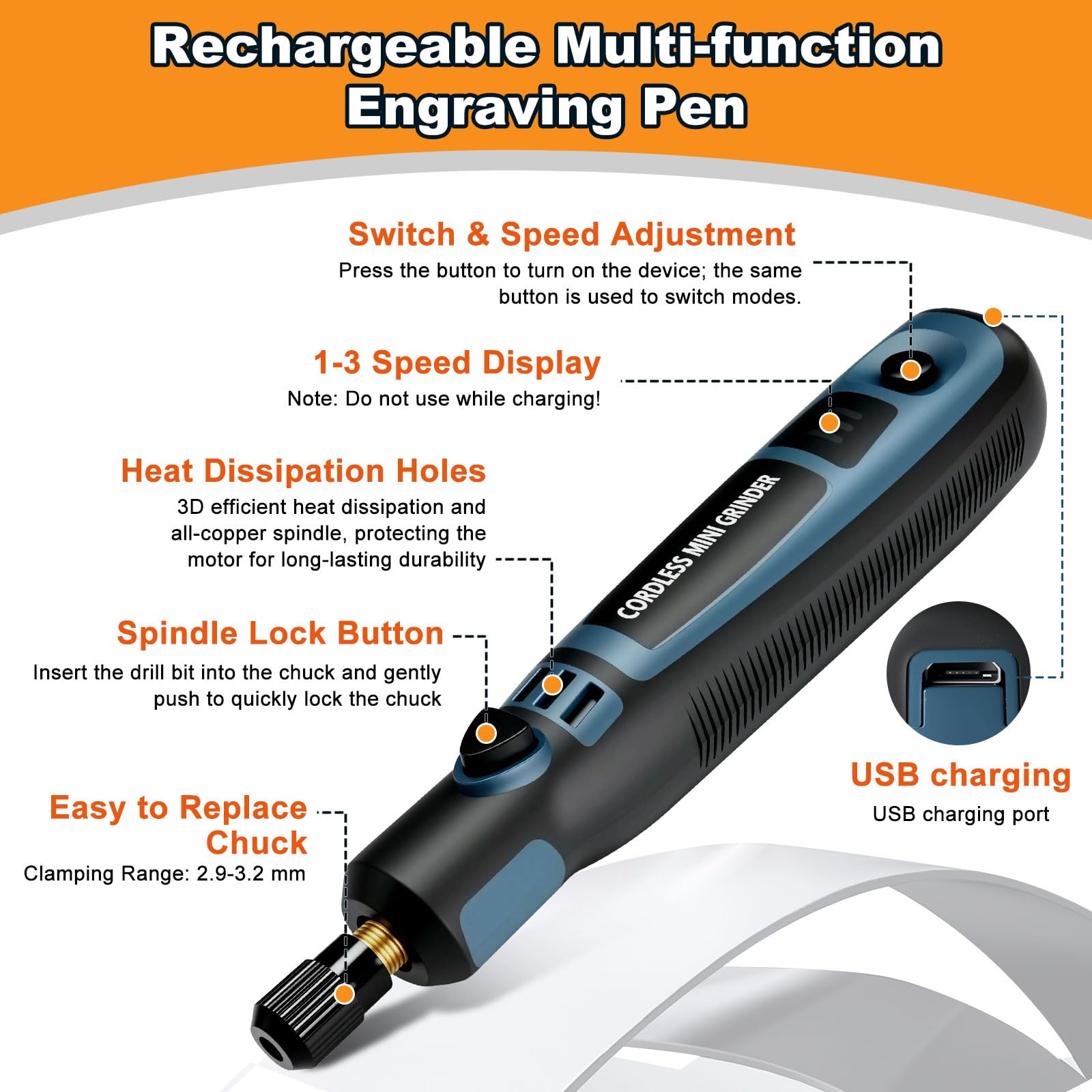 Lápiz de Grabado Eléctrico con 96 Cabezales, Multiherramienta Herramienta Rotativa, Mini Amoladora Eléctrica Grabador Inalámbrico USB Recargables Portátil para Grabar/Taladrar/Cortar/Esmerilar